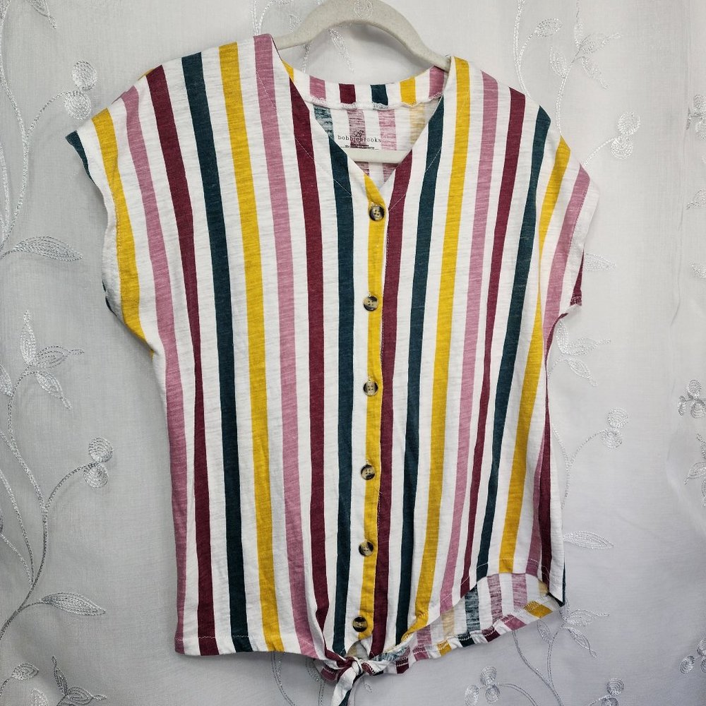 Bobbie Brooks Retro Stripped, Short Sleeve, Front knot, Casual Shirt.